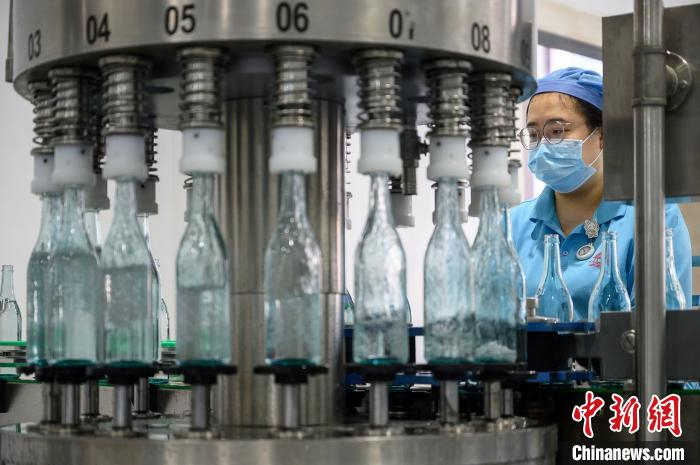 工作人员在罐装生产线上作业。　韦亮 摄