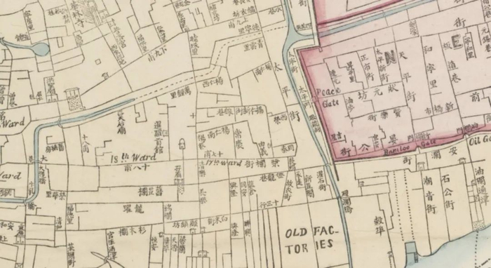 △ 1860年法国人绘制的广州地图（局部），其中就有眼镜街。地图现存澳大利亚国立博物馆