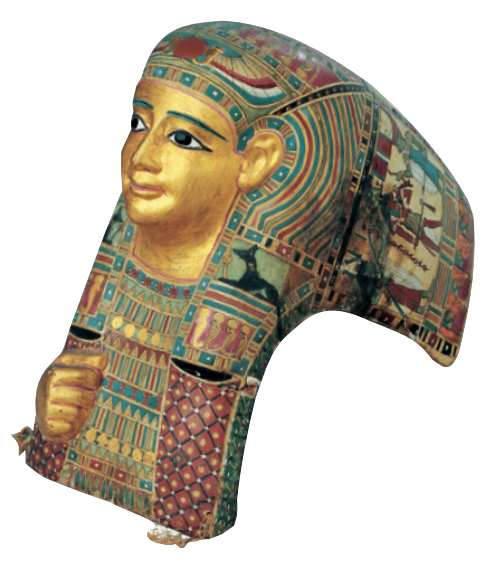 葬仪面具，材质：镀金彩绘布板，规格：高42cm，宽26cm，长40cm，来源未知，年代：罗马时期（1世纪）