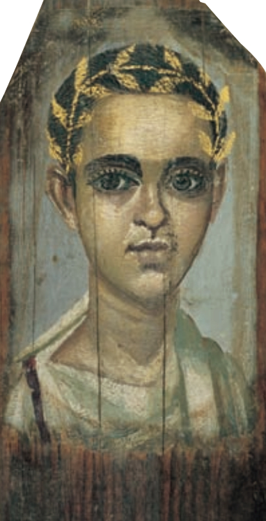 男孩肖像，材质：木板蜡画，规格：高35.5cm，宽16.5cm，出土地：法尤姆，年代：罗马时期（一二世纪之交）