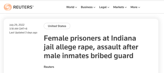 路透社：印第安纳州女囚犯称遭到男囚犯在贿赂狱警后，实施强奸和侵犯