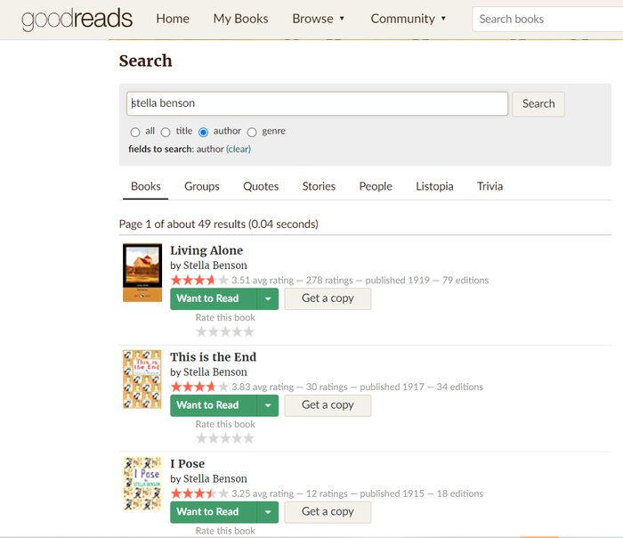 在英文阅读网站Goodreads中，可读到斯黛拉·本森的著作。/Goodreads截图