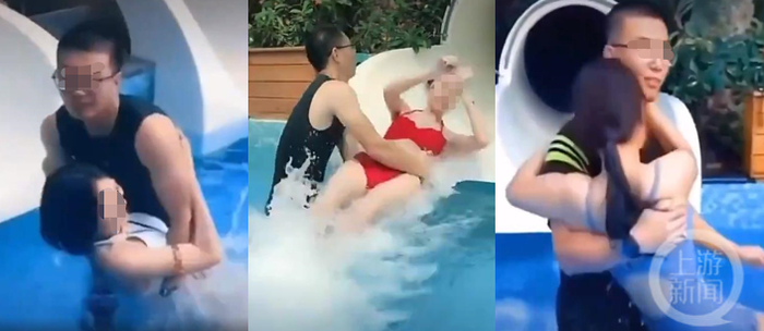 水滑梯救生员对待少女，就一把抱住。（视频截图）