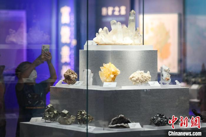 8月5日，贵州省地质博物馆展出的矿石吸引参观者。　瞿宏伦 摄