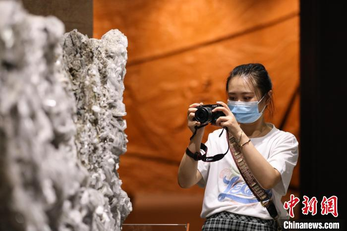 8月5日，参观者在拍摄“方解石+黄铁矿”展品。　瞿宏伦 摄