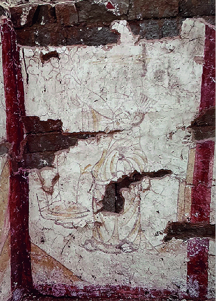 〔图四〕 执爵并伴有云气的 “树下人物图”  赫连简墓东壁