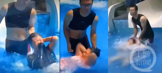 男士或体型稍胖女子冲下来，他单手托头或侧身躲过。（视频截图）