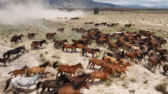 ▲7月30日，新疆拜城县老虎台乡，百余匹伊犁马跑上戈壁滩。&nbsp; 新疆拜城县融媒体中心供图。