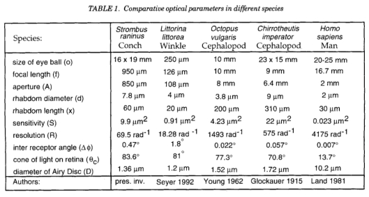 不同生物间的眼球各项数值对比 resolution 那一栏为视网膜分辨率，人类的肉眼分辨率是海螺的60倍左右 图源：文献1