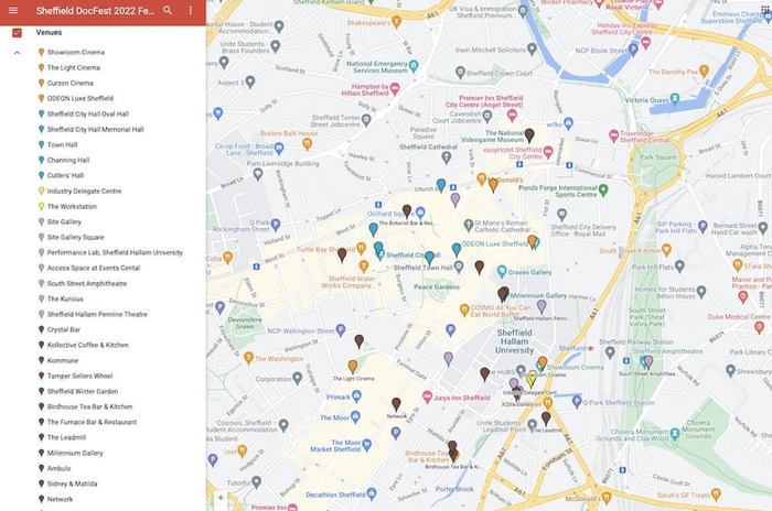 2022年谢菲尔德国际纪录片电影节场馆地图。图片来自网络截图
