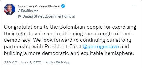 布林肯发来祝贺。截图自布林肯社交媒体 