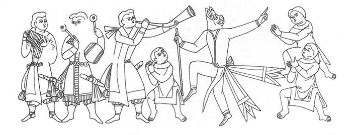 图7-2 库车舍利盒乐舞图孙机线描图 第四幅