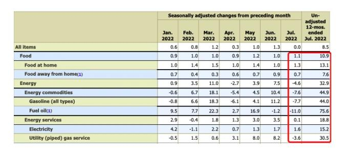 美国7月CPI环比/同比涨幅 来源：美国劳工部
