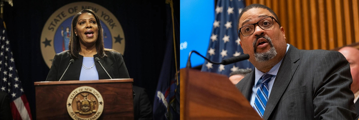  纽约州总检察长詹姆斯（左）和纽约曼哈顿地区检察官布拉格（右）