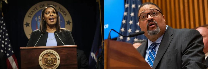 纽约州总检察长詹姆斯（左）和纽约曼哈顿地区检察官布拉格（右）