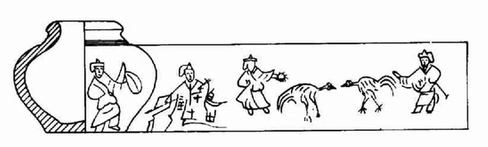 四川成都石羊乡出土新莽陶罐斗鸡图 （《成都石羊乡出土王莽时期斗鸡图》，《农业考古》1999年第1期）