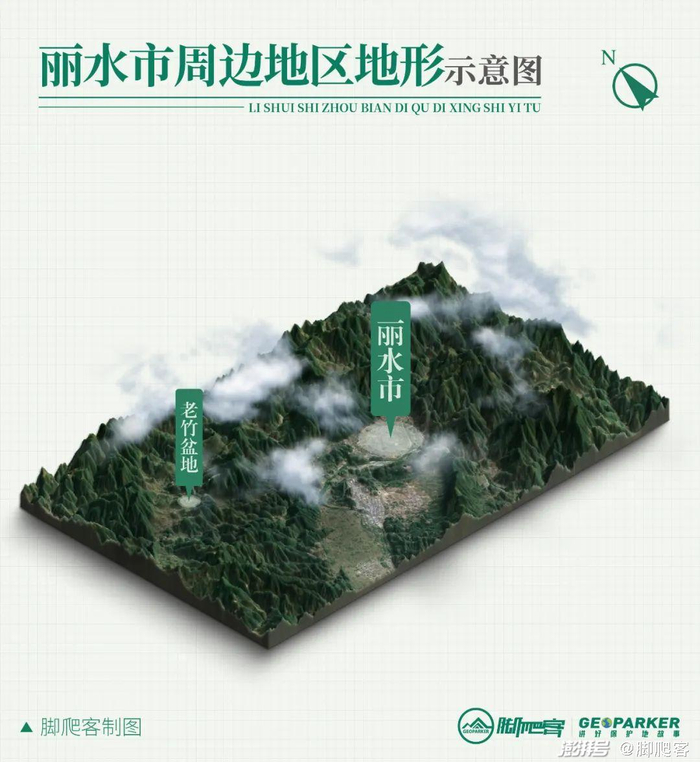 丽水市及周边地区地形示意，可见群山之间的老竹盆地©脚爬客/制图
