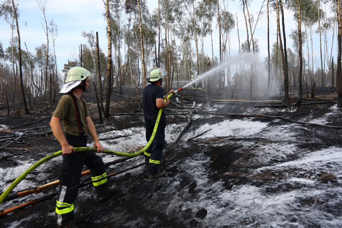 当地时间2022年7月20日，德国巴特萨罗，当地遭遇高温热浪，引发山火，消防员在灭火。