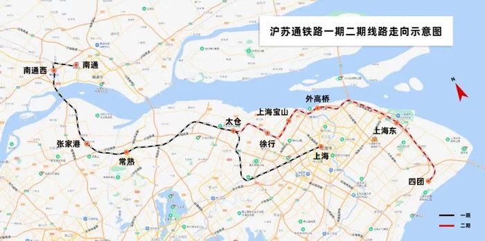 沪苏通铁路一期二期线路走向示意图。&nbsp;&nbsp;上海铁路局 供图