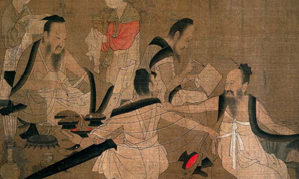 《北齐校书图》中身披透明纱衣的学士们，内穿布裙