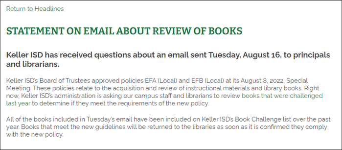 凯勒独立学区发布声明回应下架图书争议