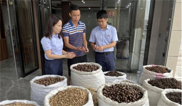 ▲北行客户经理（左一，右一）向小微企业主介绍中草药、香料专案政策。