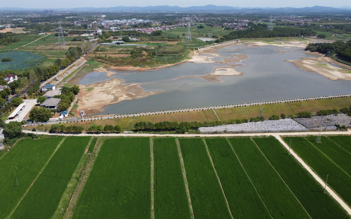 8月22日，南京市溧水区一处高标准农田旁边，用来灌溉的小水库中的水量已经很少。新京报记者 周怀宗 摄
