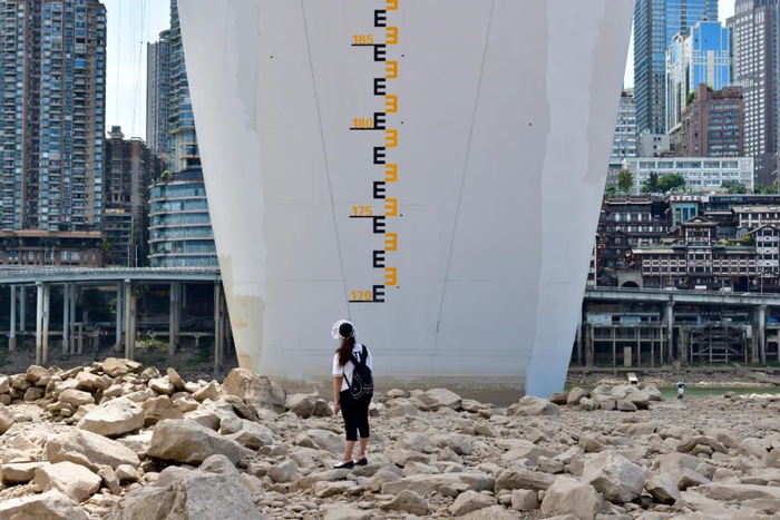 8月21日，重庆千厮门嘉陵江大桥的桥墩完全露出。图/视觉中国