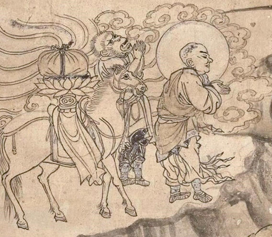     唐僧与猴行者，甘肃瓜州榆林窟第3窟。本文作者供图