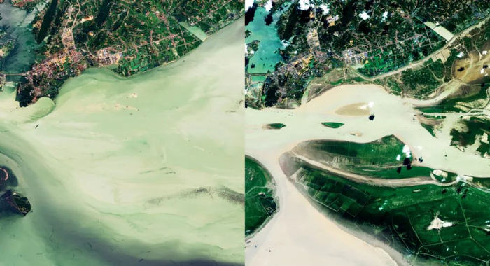 左图：2021年8月31日，湖南岳阳，吉林一号高分02B星拍摄的洞庭湖：水位高未露出湖底。