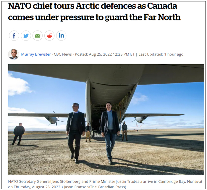 加拿大广播公司报道截图，照片为斯托尔滕贝格和特鲁多抵达剑桥湾