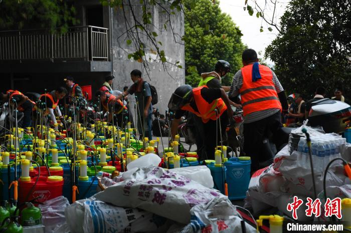 图为志愿者们领取救援物资。　何蓬磊 摄