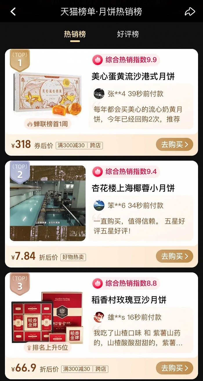 天猫平台的月饼热销榜前三名数据