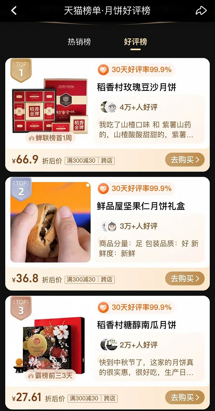 天猫月饼好评榜前三名数据