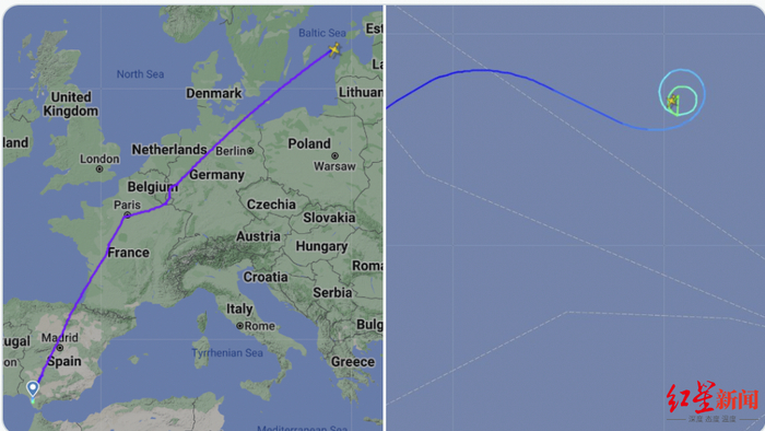 ↑这架飞机从西班牙起飞，在波罗的海坠毁