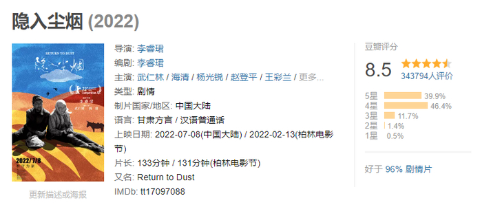 《隐入尘烟》目前豆瓣评分为8.5分