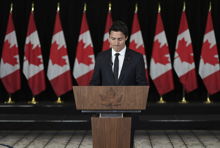 当地时间2022年9月8日，加拿大温哥华，加拿大总理特鲁多就英国女王伊丽莎白二世去世发表声明。人民视觉&nbsp; 图