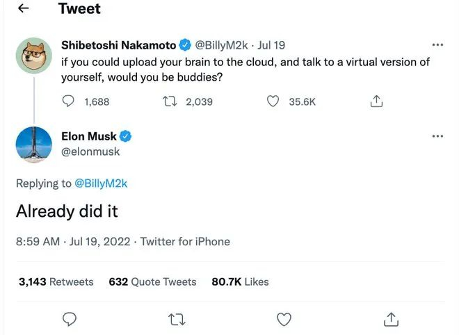 毕竟，和“”元宇宙里的自己聊天”这件事，马斯克已经做过了。/微博截图