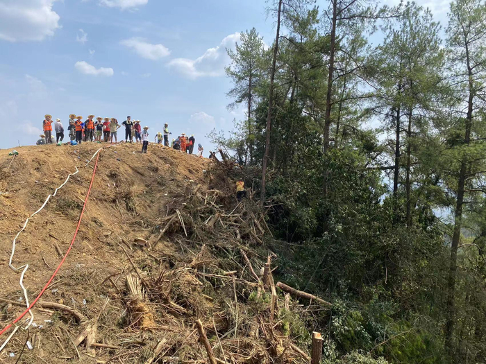 8月25日，郭元春在缙云山一处悬崖边进行隔离带砍伐作业。&nbsp; 受访者供图