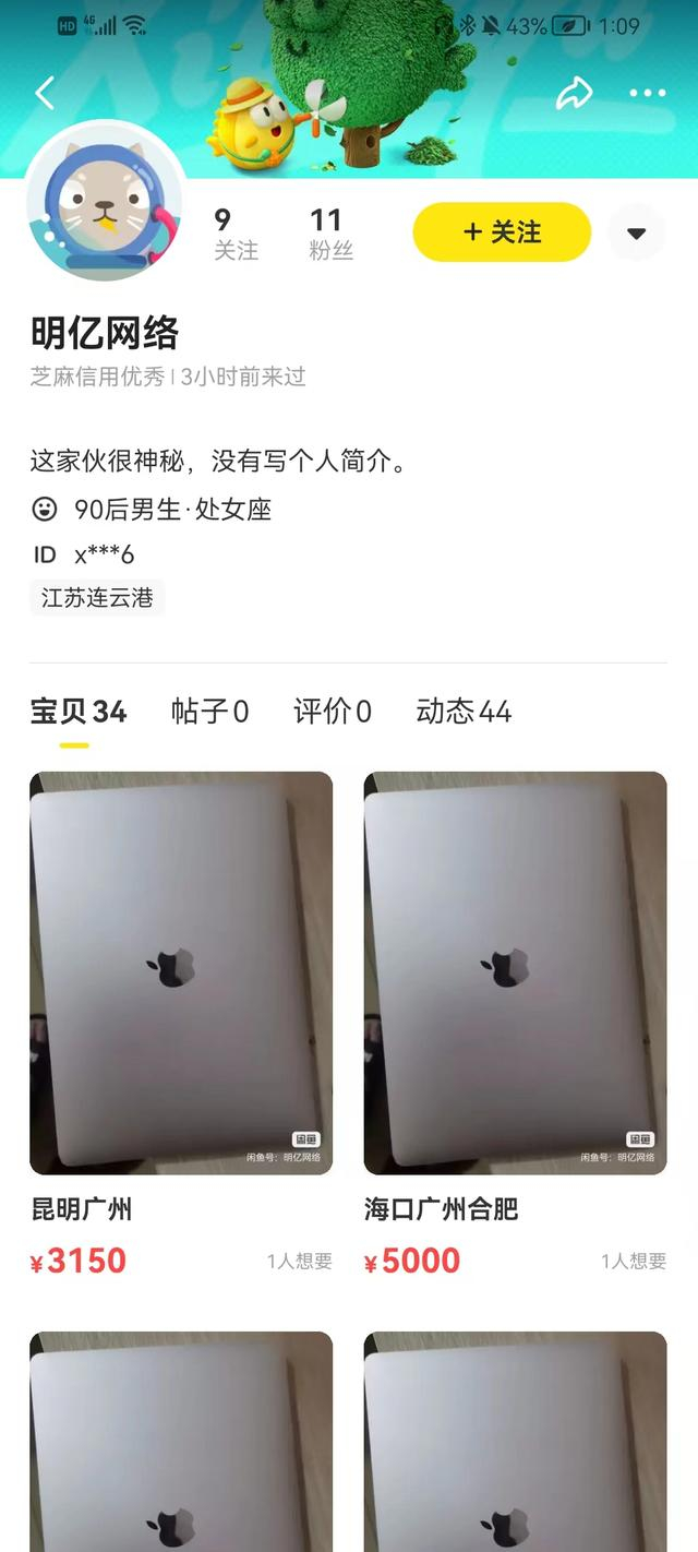 涉事闲鱼账号，对方称机票、高铁票最终通过闲鱼平台交易。截图