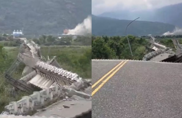台湾花莲一座大桥断裂。（台媒报道截图）