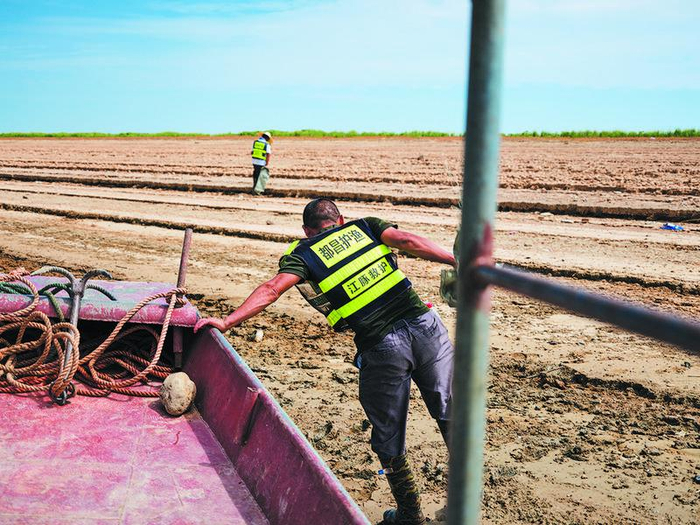 9月7日，都昌江豚救护队队长占柏山跳下渔船与队员们一起清理干湖床上的垃圾。新京报记者 郭延冰 摄