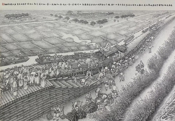 古人热火朝天修筑海塘的画面