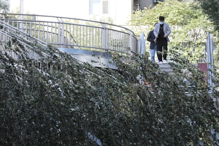 ▲方庄，劲风中的行人。