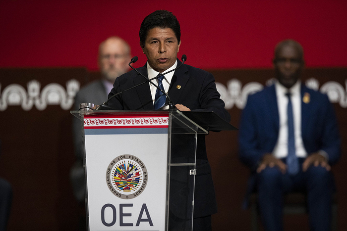 当地时间2022年10月5日，秘鲁利马，秘鲁总统佩德罗·卡斯蒂略在第52届美洲国家组织大会开幕式上致辞。人民视觉&nbsp; 资料图