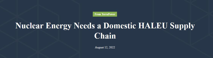泰拉能源今年8月发布声明，呼吁美国政府加紧高纯度低浓缩铀国内供应链的建设