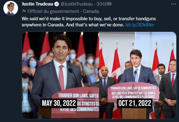 特鲁多21日宣布全国手枪冻结令