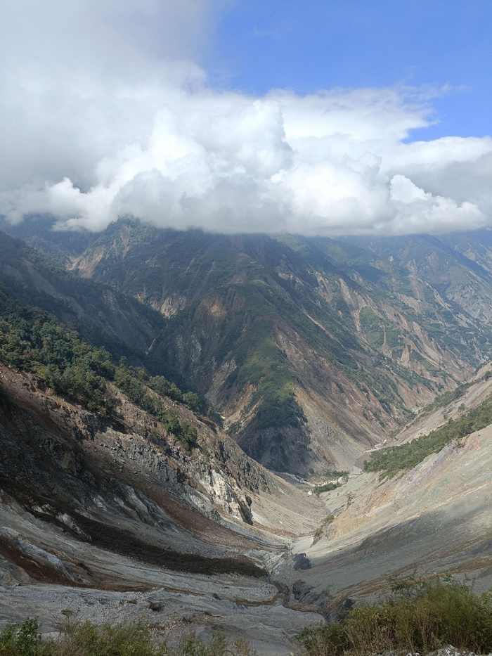  9月30日，地震后，山体出现大面积滑坡，树木均被冲倒。新京报记者 吴采倩 摄