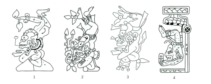 后古典时代抄本上的柔术诸神形象的脚尖上，有植物枝芽