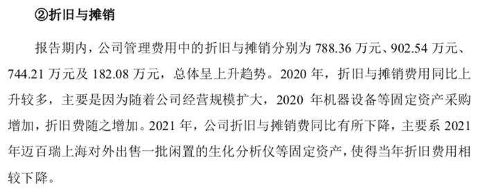 2021年迈百瑞折旧与摊销费用下降原因，来源：迈百瑞招股书